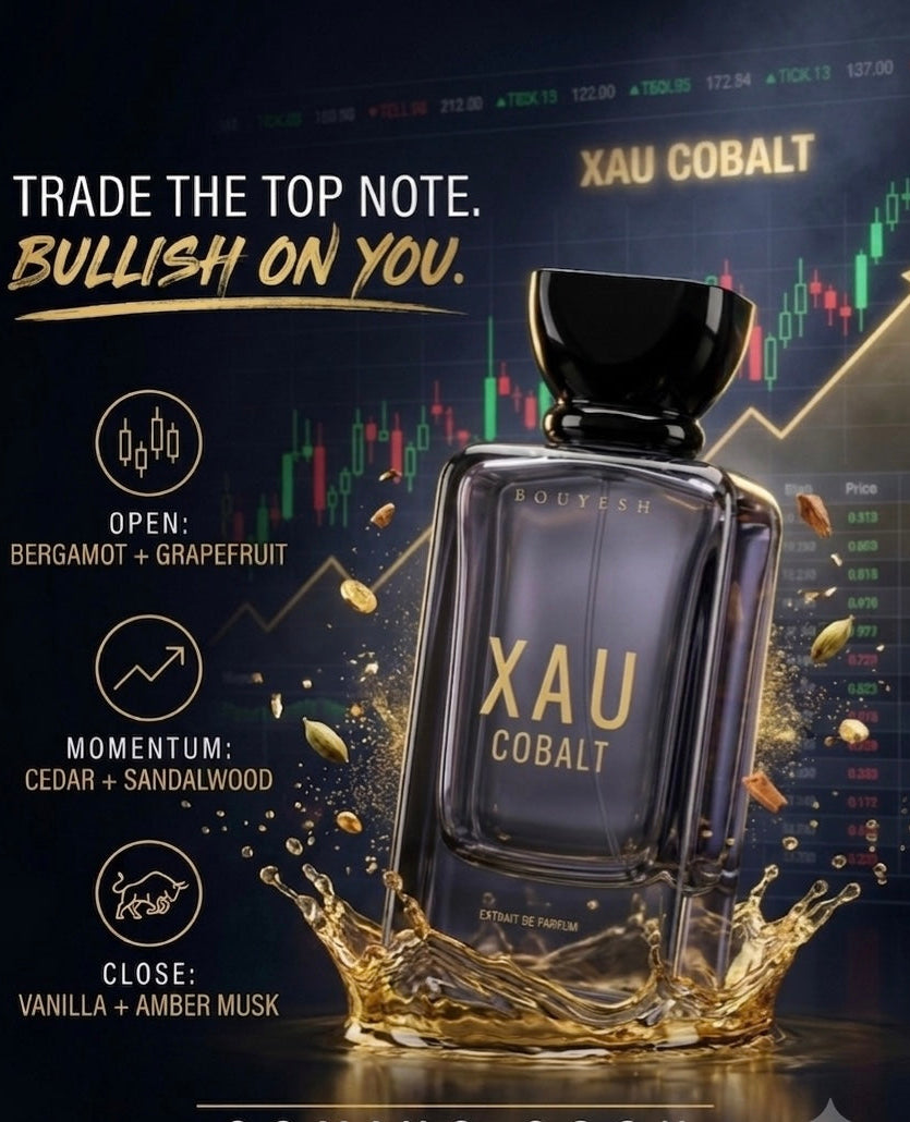 Bouyesh XAU Cobalt perfume bottle with Gold Series packaging
