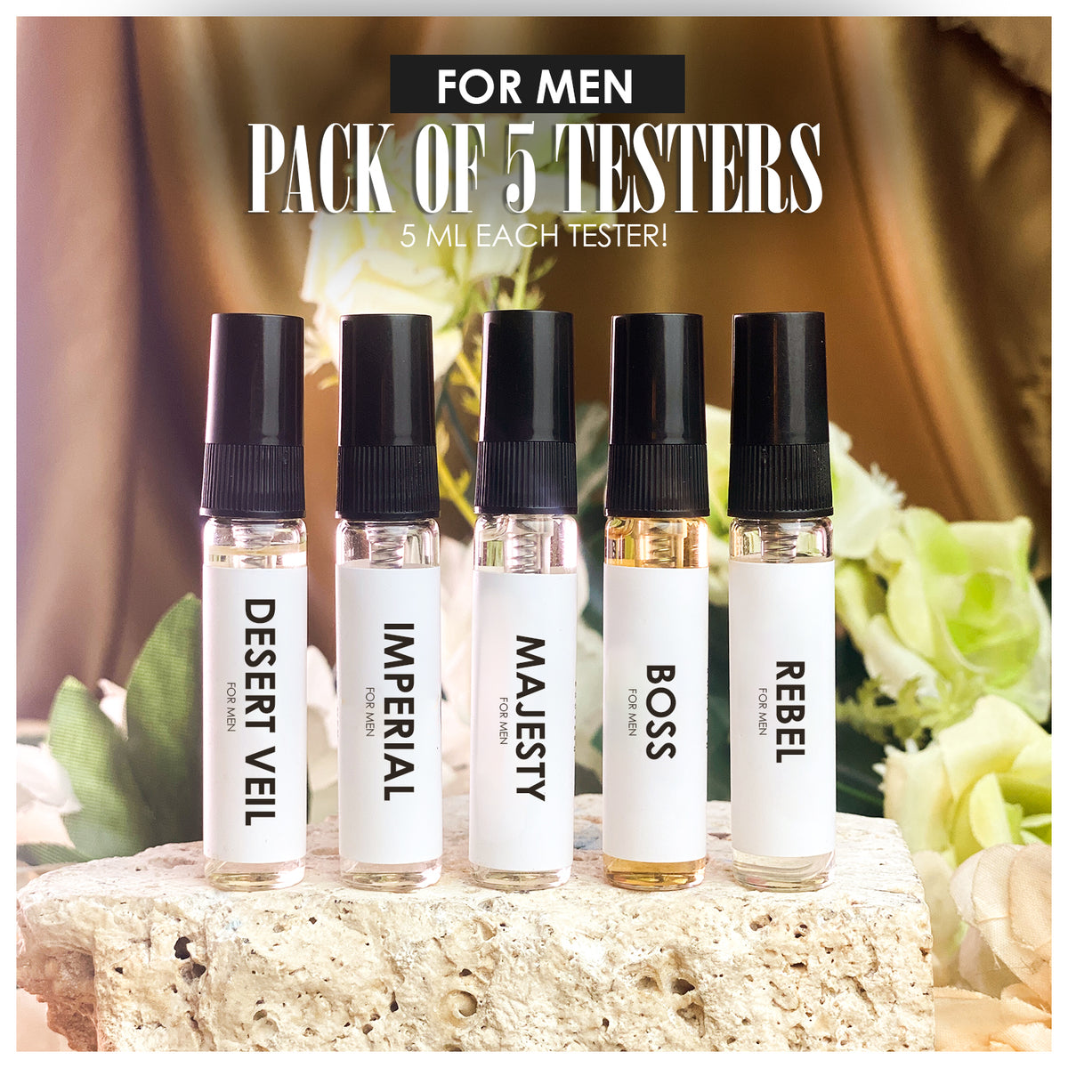 Bouyesh men's perfume sample pack with five 5ml fragrance testers