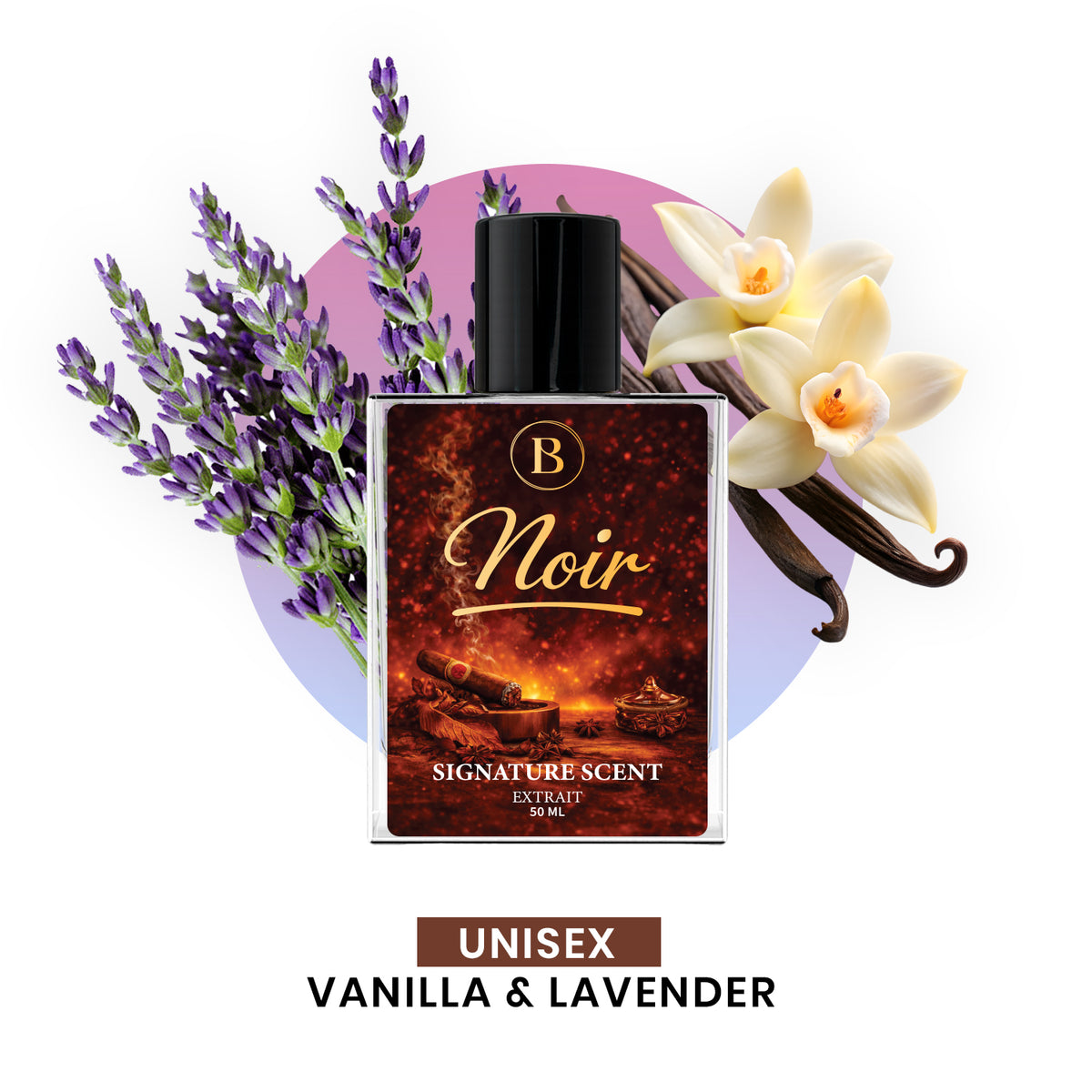 Bouyesh Noir 50ml signature Extrait de Parfum bottle with lavender and vanilla notes
