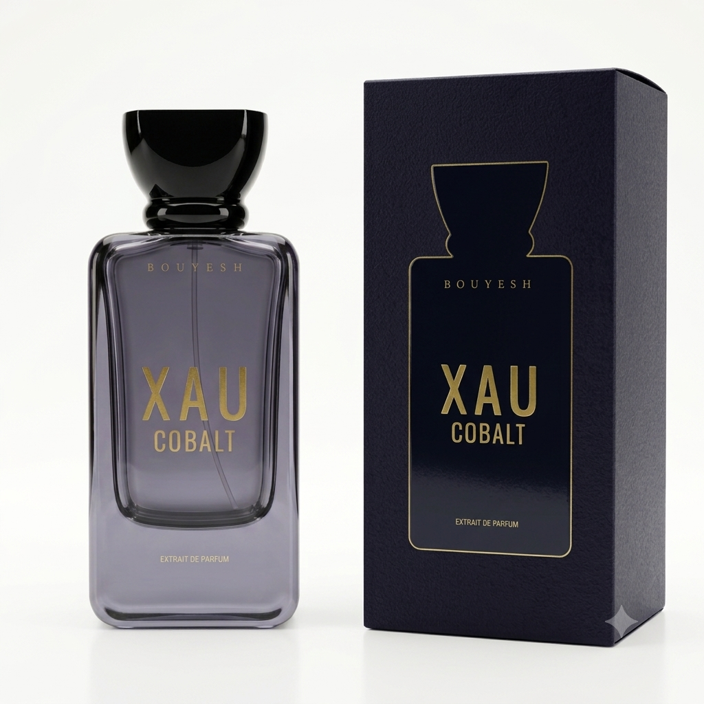Bouyesh XAU Cobalt smoky grey flacon with black domed cap