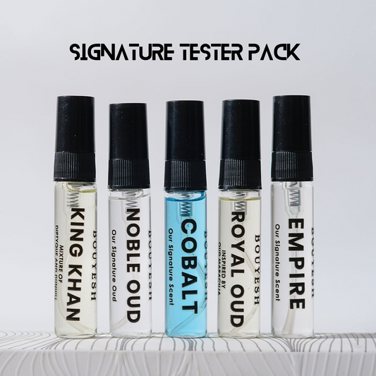 Bouyesh Signature Tester Pack with five 5ml perfume samples including both ouds